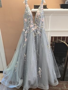 Light Blue/Gray Floral Embroidered Tulle Ball Gown
